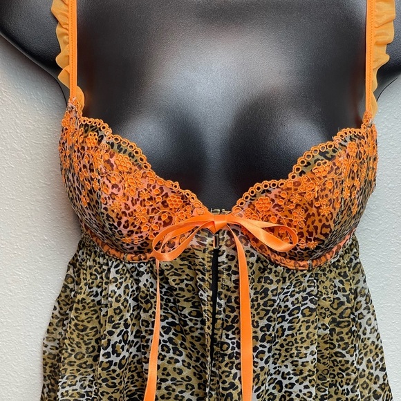 Y2k Vtg Victoria's Secret cheetah/orange ruffle print lace lingerie dress sz 34B - Picture 2 of 12
